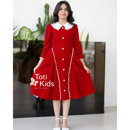 صورة فستان بناتي مخمل بـلونين | أزرار ولؤلؤ لتصميم كلاسيكي - 1126